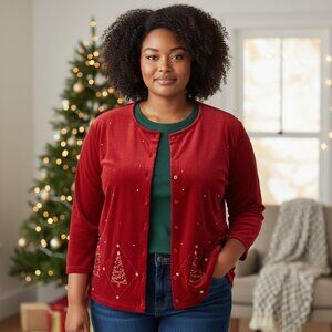 Merry & Bright Ladies Shacket Jacket Shirt 2X Christmas Red Christmas Trees